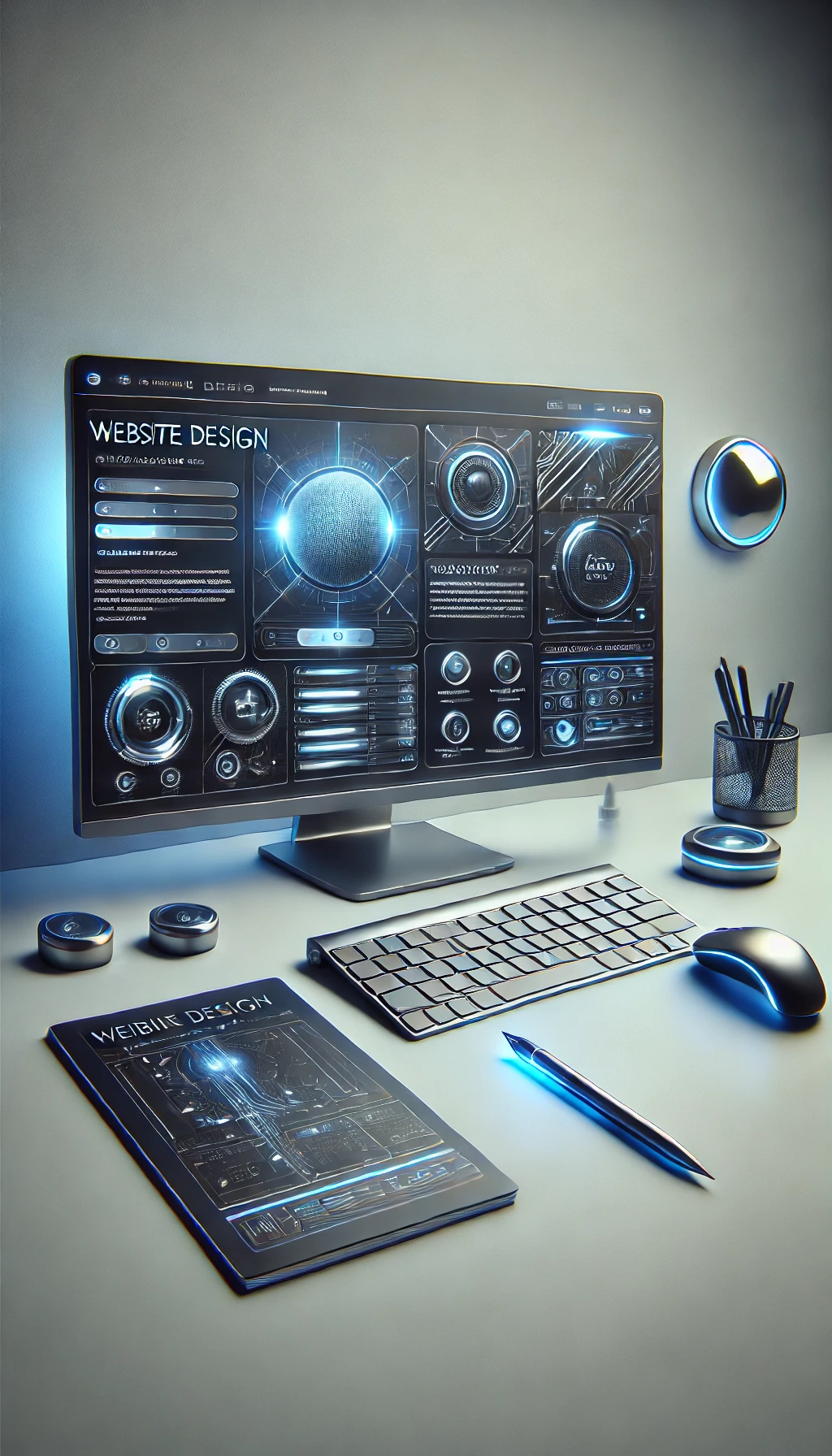 Website design interface on screen with modern desk setup – Digital Vine