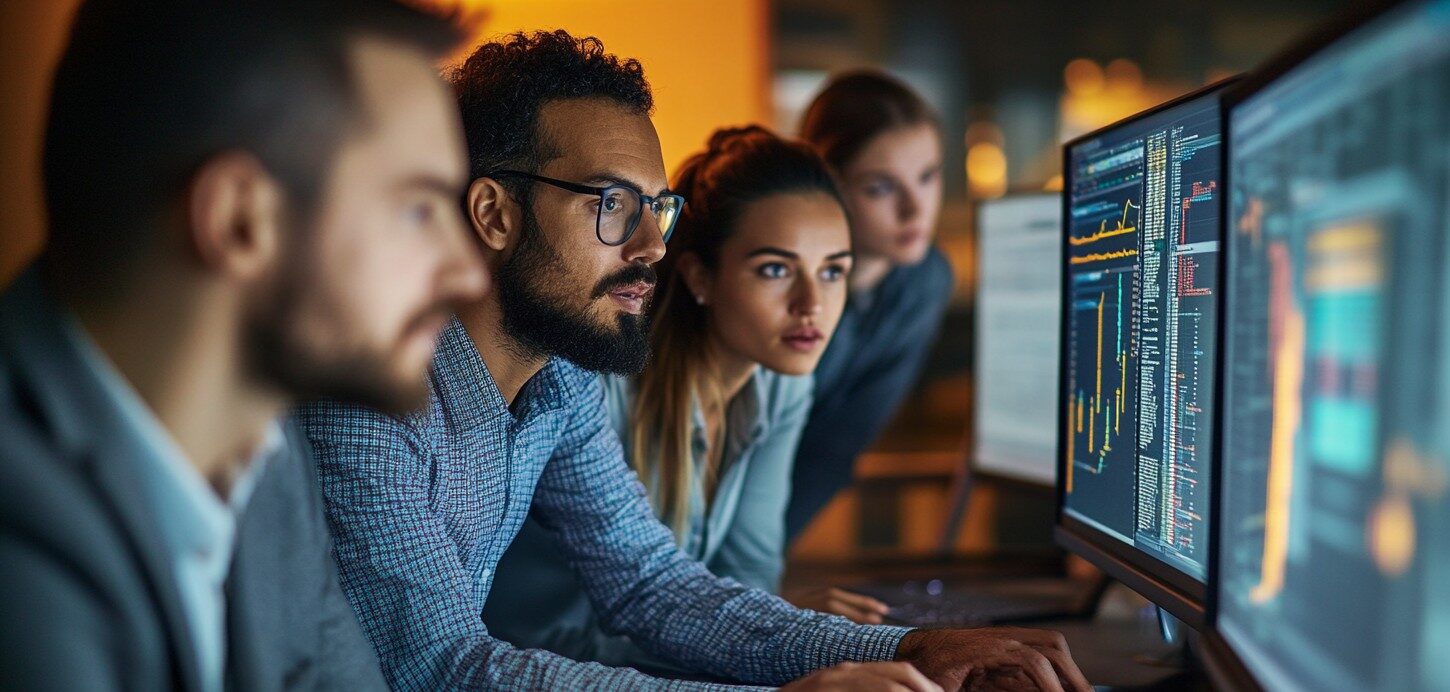 IT team analyzing system performance dashboards – trusted managed IT services