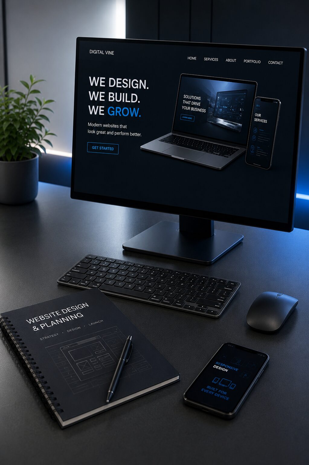 Website design interface on screen with modern desk setup – Digital Vine
