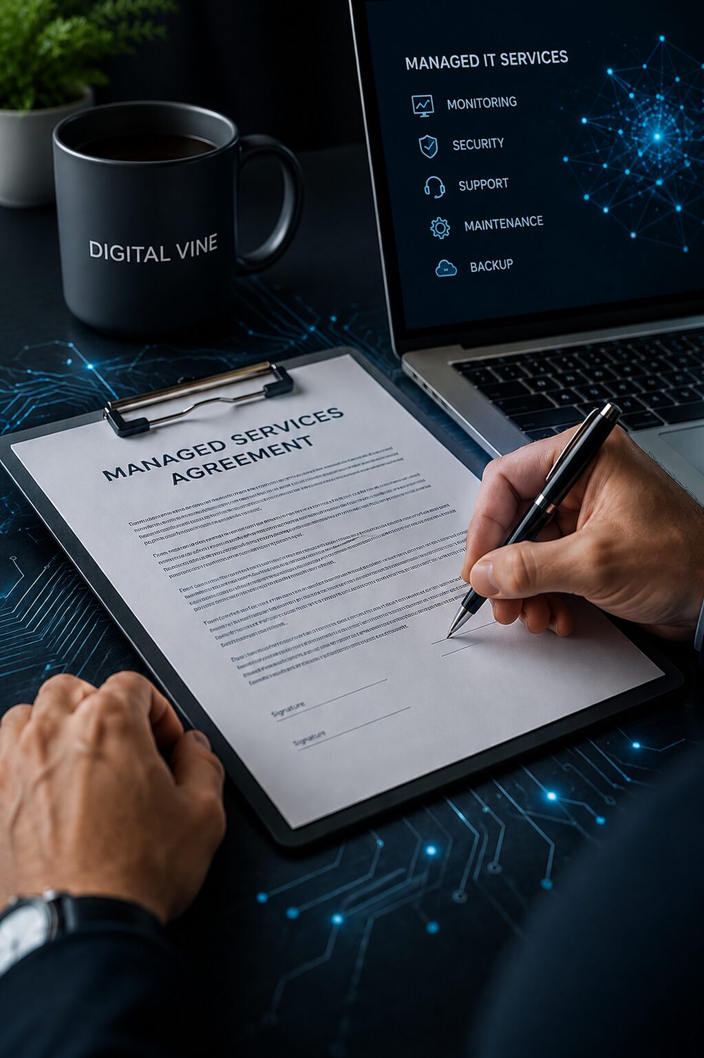 Digital Vine managed services documents with high-tech circuit design